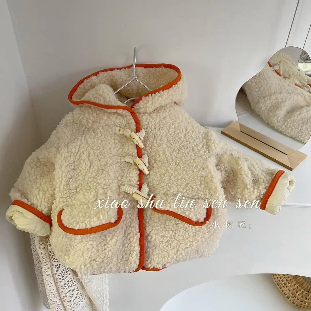 

Children's Lamb Wool Cotton Coat Autumn and Winter New Baby Plush Thickened Hooded Jacket for Boys and Girls Warm Wool Sweater