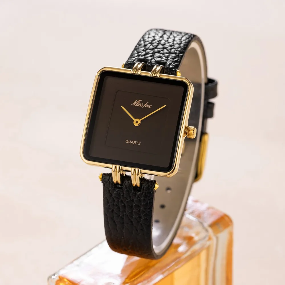 Missfox Vintage Square Dial Women's Quartz Watch Minimalist Brown Leather Strap Elegant Casual Wristwatch Luxury Female Daily Accessory
