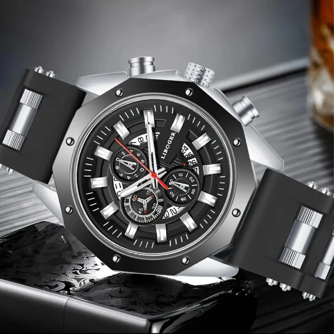 1PC Men\'s Fashion Watch Casual Silicone Strap Quartz Watch Sports Style Calendar Watch