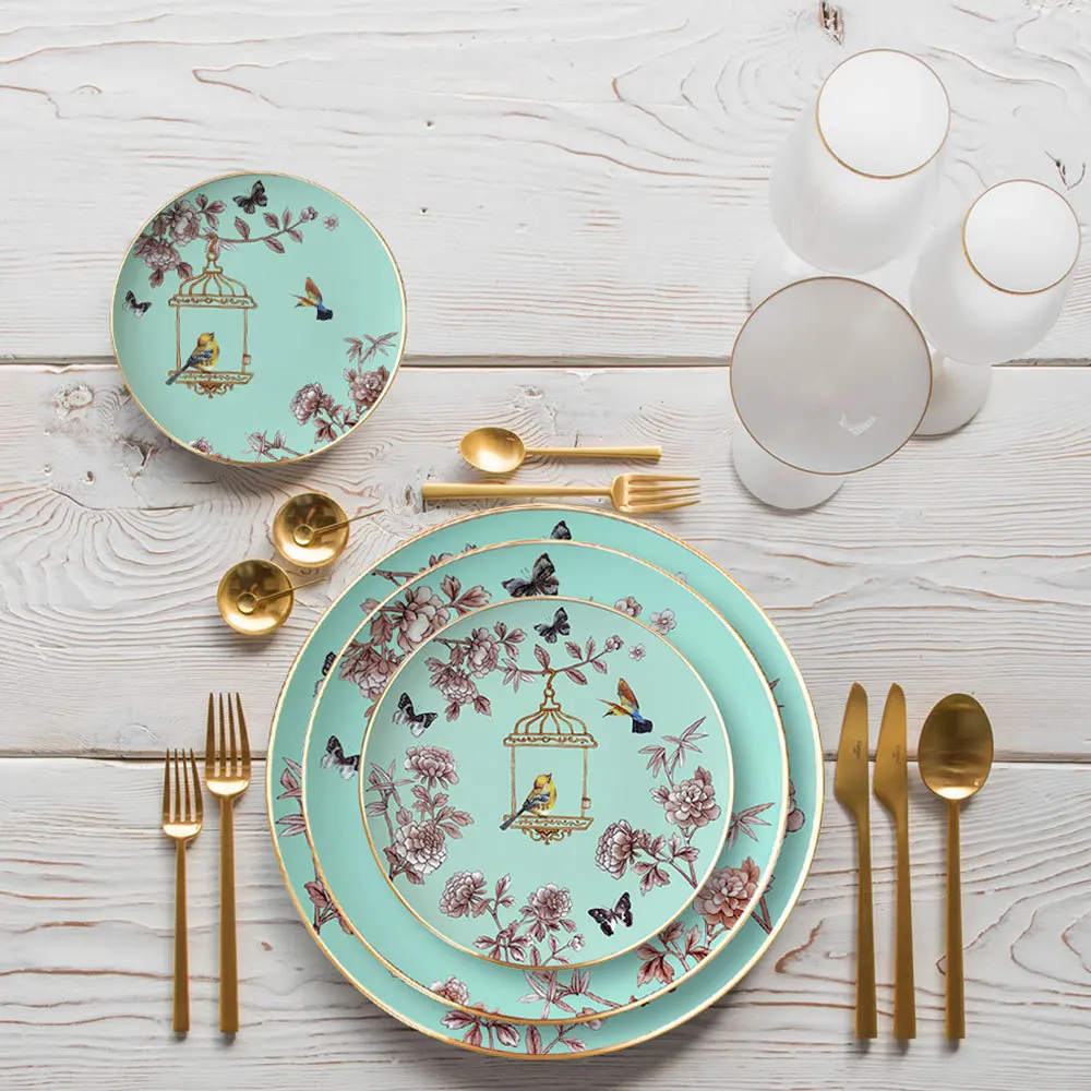 Bone china plates, retro, light luxury, gold painted, flower and bird shaped Western cuisine plates, steak plates, palace style