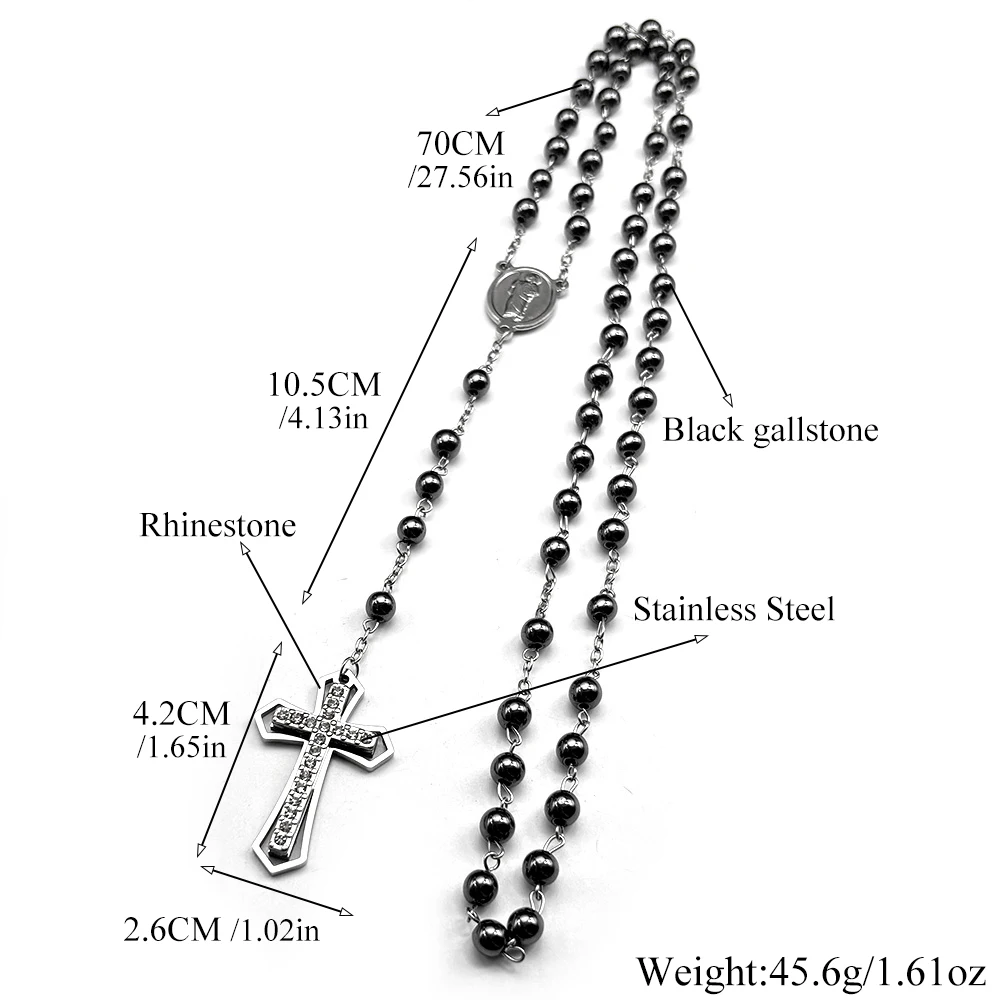 Collar con colgante de diamantes de imitación de cruz cristiana para mujeres y hombres, cadena de cuentas de oración católica de acero inoxidable de Color plateado, joyería