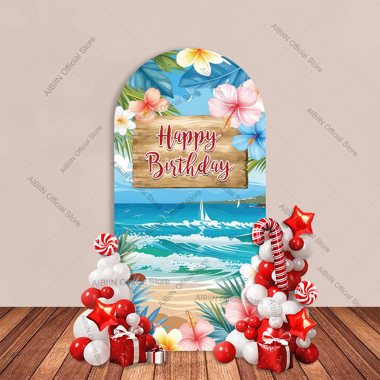 Hawaii Luau Happy Birthday Arch Backdrop Cover Summer Tropical Beach Tiki Pineapple Palm Tree Cake Party Decor Background view 2