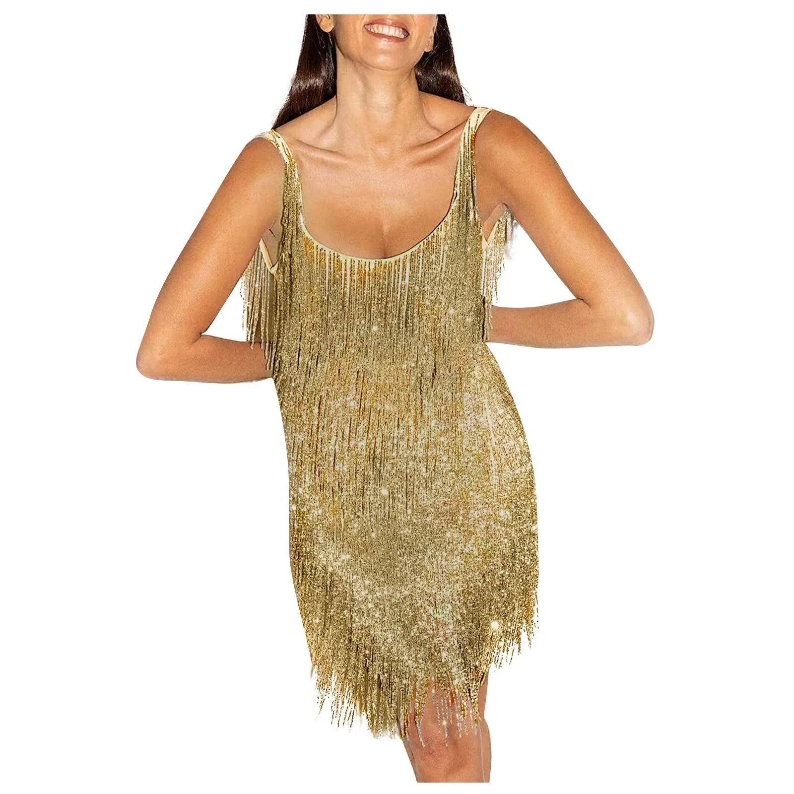 

Women Sequin Fringe Mini Dress Sling Tassel Hem Sparkly Spaghetti Strap Backless Bodycon Elegant Cocktail Party Short Dress Y2K