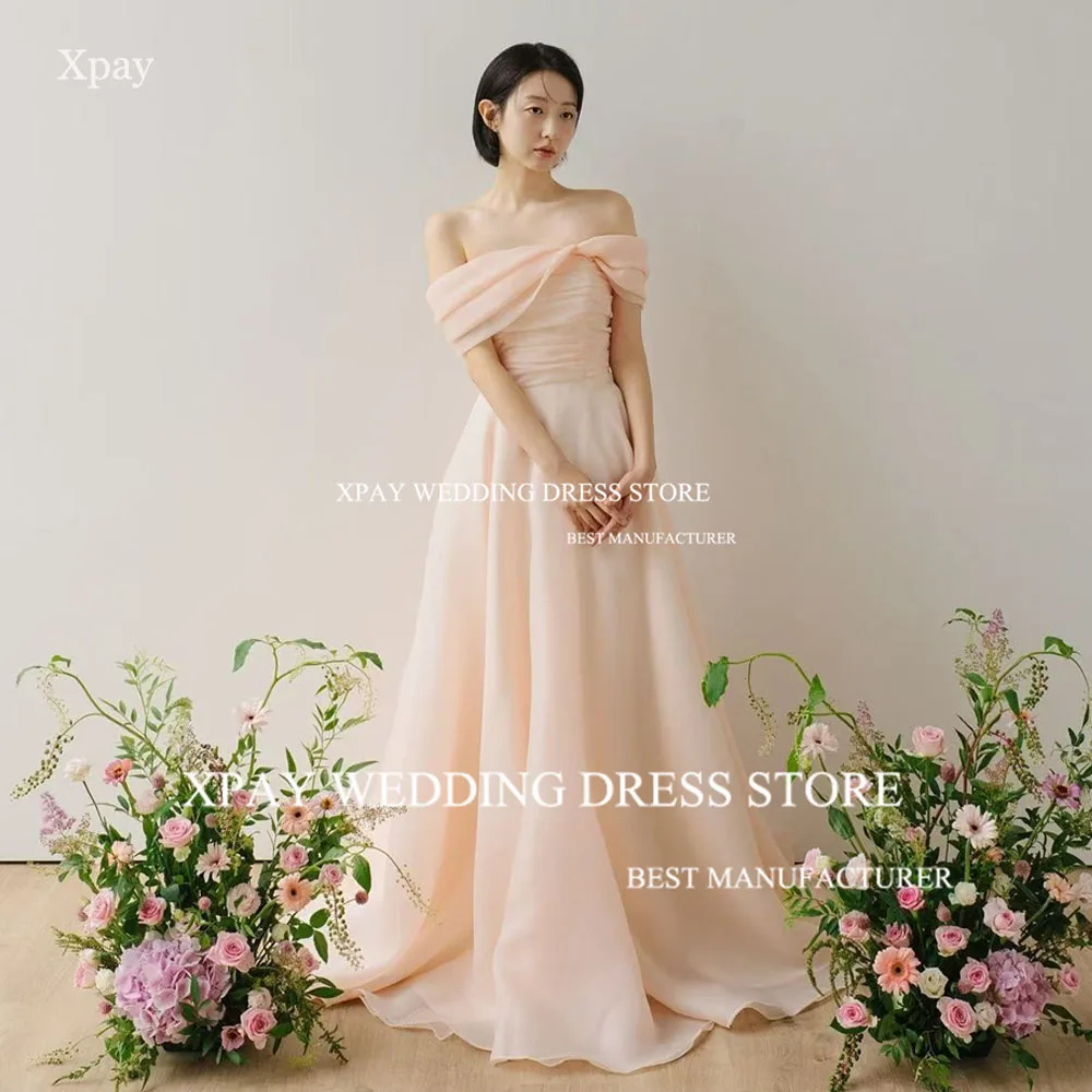 XPAY Baby Pink Strapless Korea Evening Dresses Organza Off Shoulder Formal Party Prom Gown Customized Wedding Photos Shoot Dress