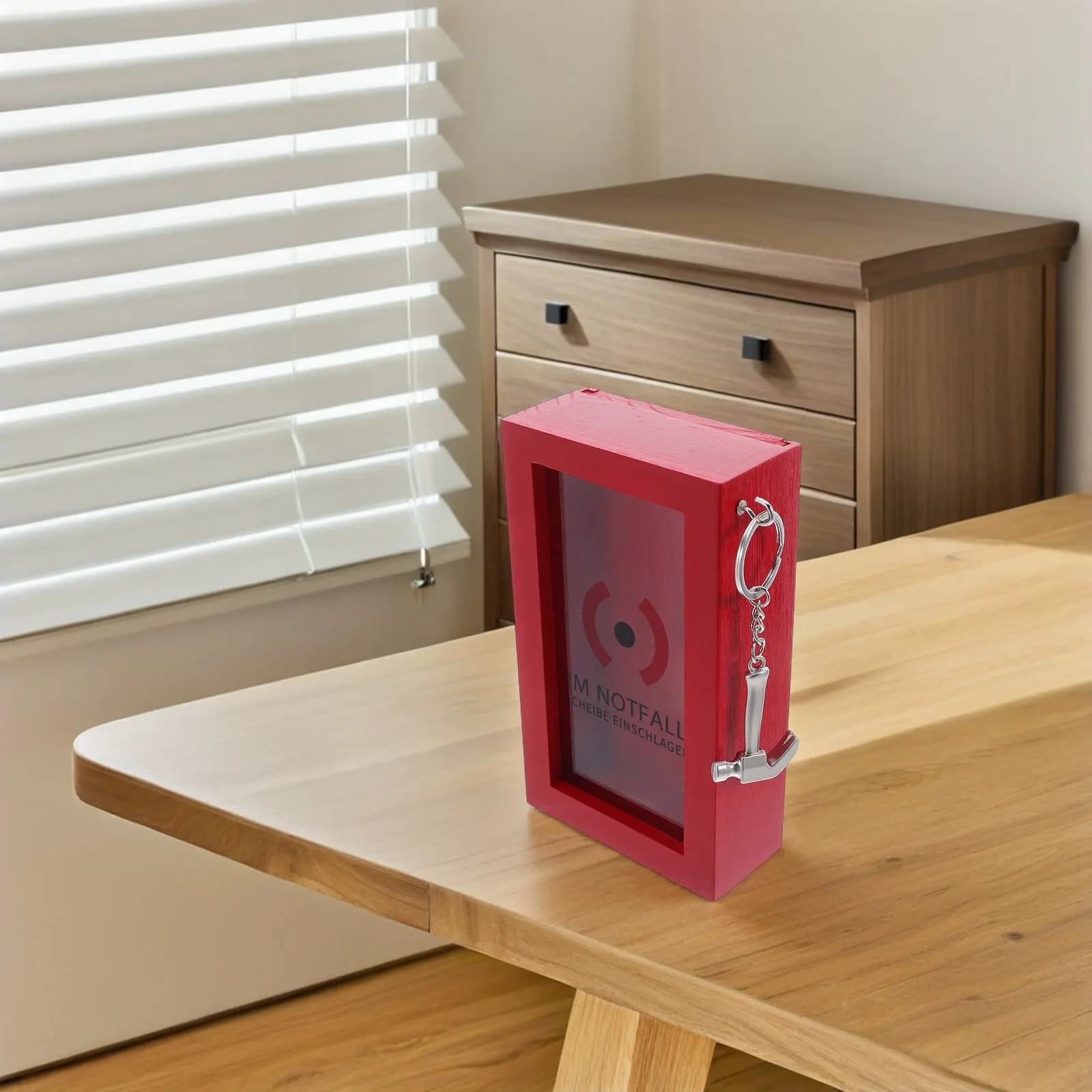 Wooden Red Present Box Pull-Out Lid Transparent Window Coin Saving Keepsake Birthday Holiday Office Trinket Box with Lid