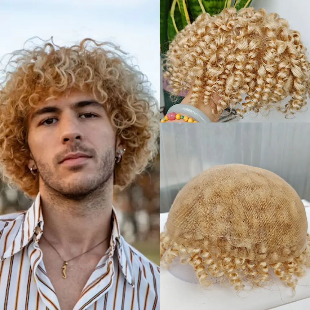 

Blond 613 Short Curly Hair Toupee for Men Swiss Full Lace Base Human Hair Wigs 8x10 Inch Small Curly Hair System