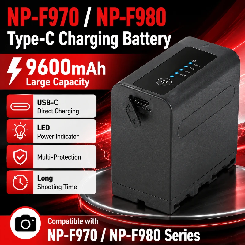 9.6ah Direct Charging NP-F970NP-F980 Battery with Built-in USB-C TYPE-C Charging Port Suitable for Sony Series Digital Batteries
