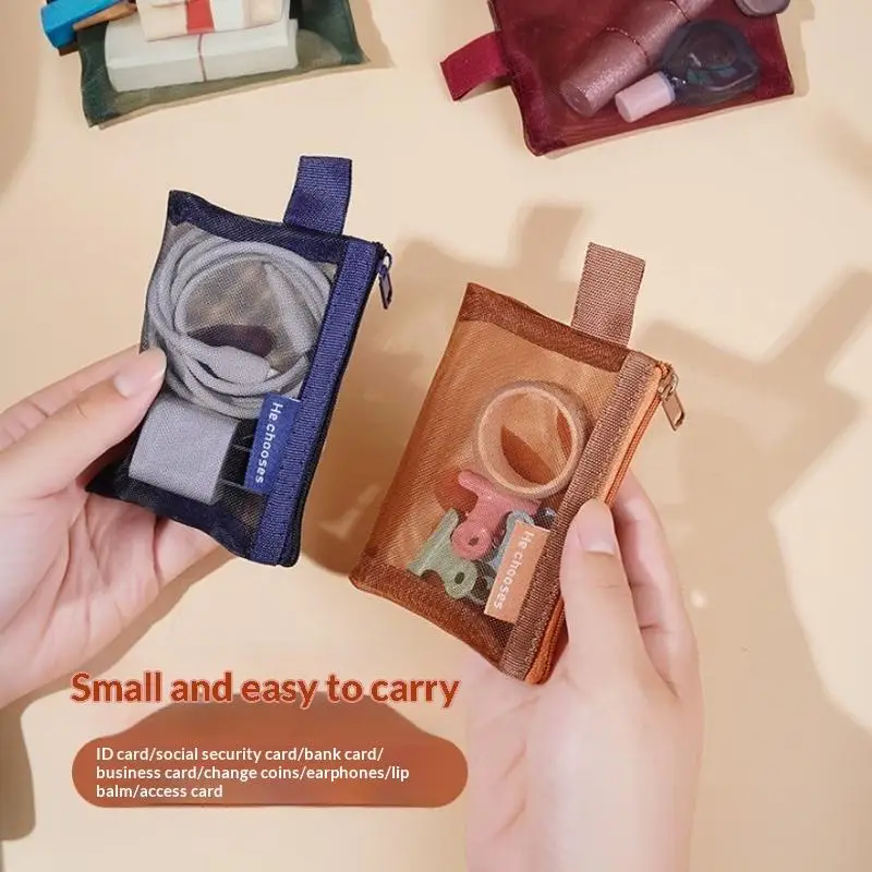 Small Portable Travel Square Solid Color Nylon Mesh Coin Bag, Lipstick Key Earphone ID Credit Card Storage Pouch Organizer