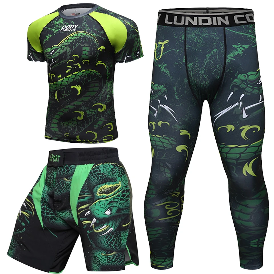 MMA BJJ Rashguard Rattlesnake Boxing Sport Suit Men Gym Clothing KickBoxing Muay Thai Shorts Compression Shirt Pants Running Set