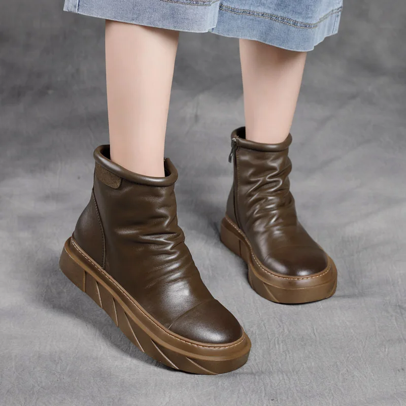 Clearance Special Offer  Hand-Rub Color Pleated Short   round Head Thick Bottom Single  First Layer Cowhide Zipper Dr. Martens