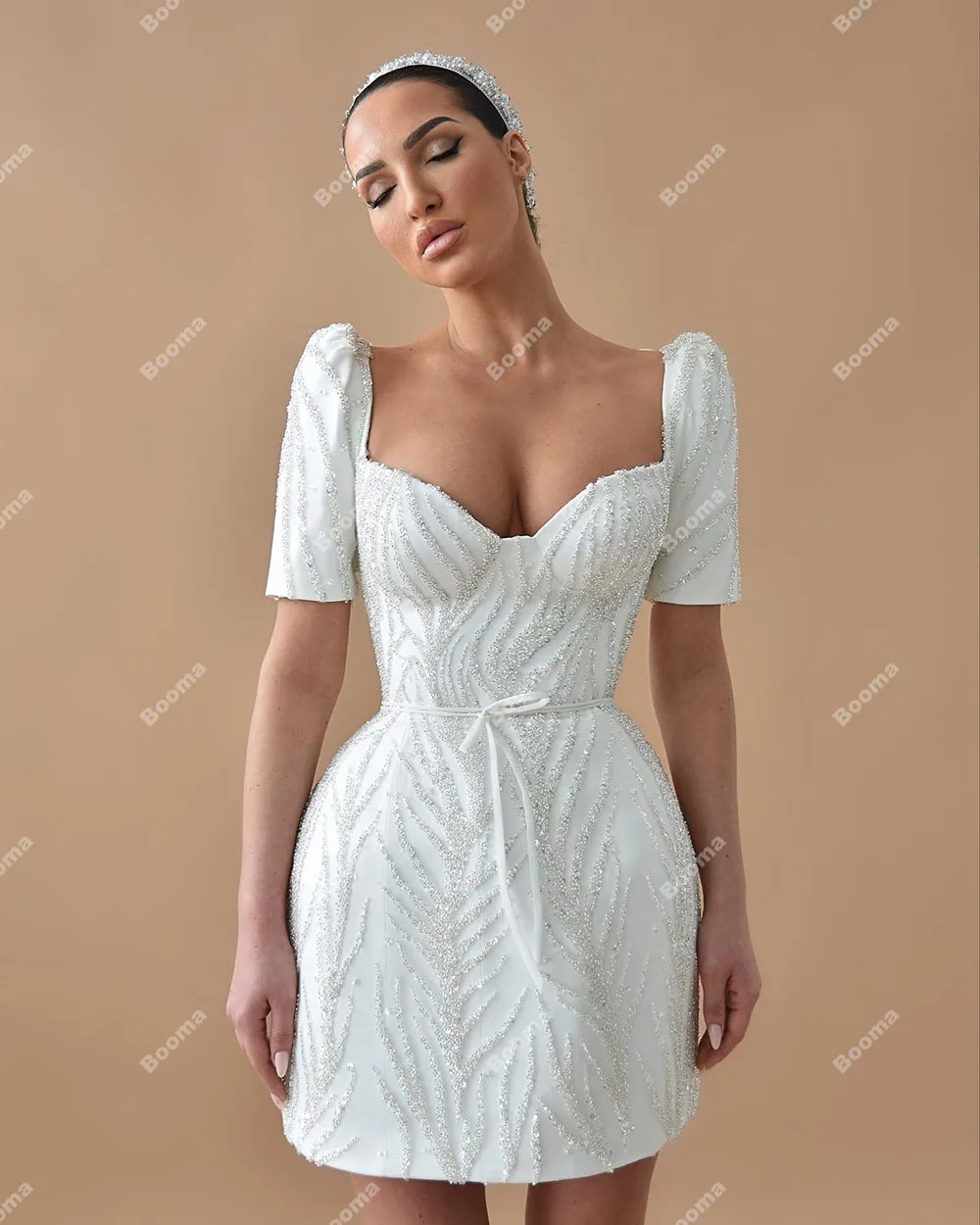 Booma-Robe de Soirée Courte à Paillettes pour Femme, Tenue de Mariage à Manches Courtes, Gala