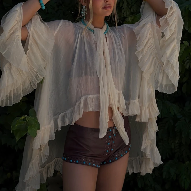 

Women's Sheer See-through Cape Tops Irregular Ruffled Hem Long Sleeve V-Neck Loose Lightweight Blouse with Neck Scarf