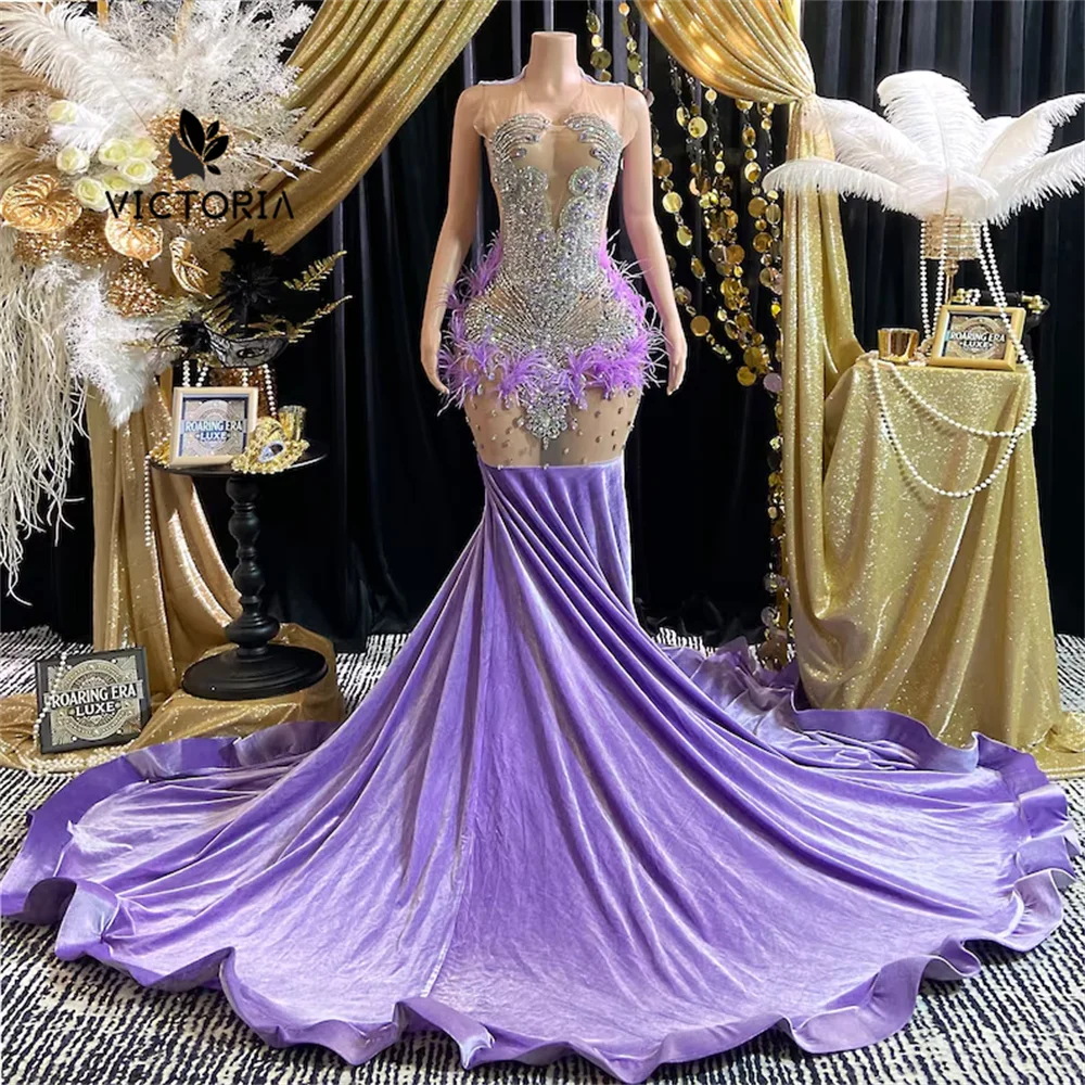 Purple Velvet Rhinestone Halter Prom Dresses 2025 For Blackgirls Beaded Mermaid Graduation Party Gowns Birthday Party Customized