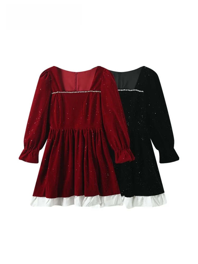 

plus Size Long Sve Square Ne Dr Women's Autumn New Sle Fat Sister's Design Sensation Skirt Sweet Sle A-Line Dr