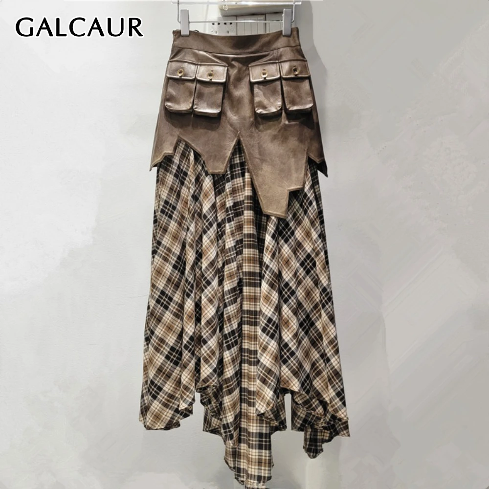 

GALCAUR Hit Color Spliced Plaid Skirt Female High Waist Loose Patchwork Pocket Vintage Literary Women's Skirts Autumn Fashion