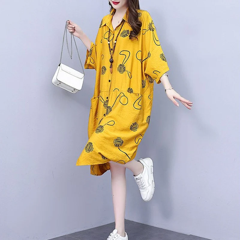 2023 Summer New POLO Collar Short Sleeve Button Pocket Patchwork Midi Dress Women High Street Printing Loose All-match Vestidos