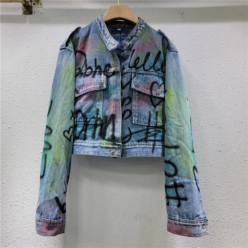 

Short Denim Coat for Women 2024 New Autumn Trendy Loose Figure Flattering Back Hollow Graffiti Jacket Top Casaco Feminino