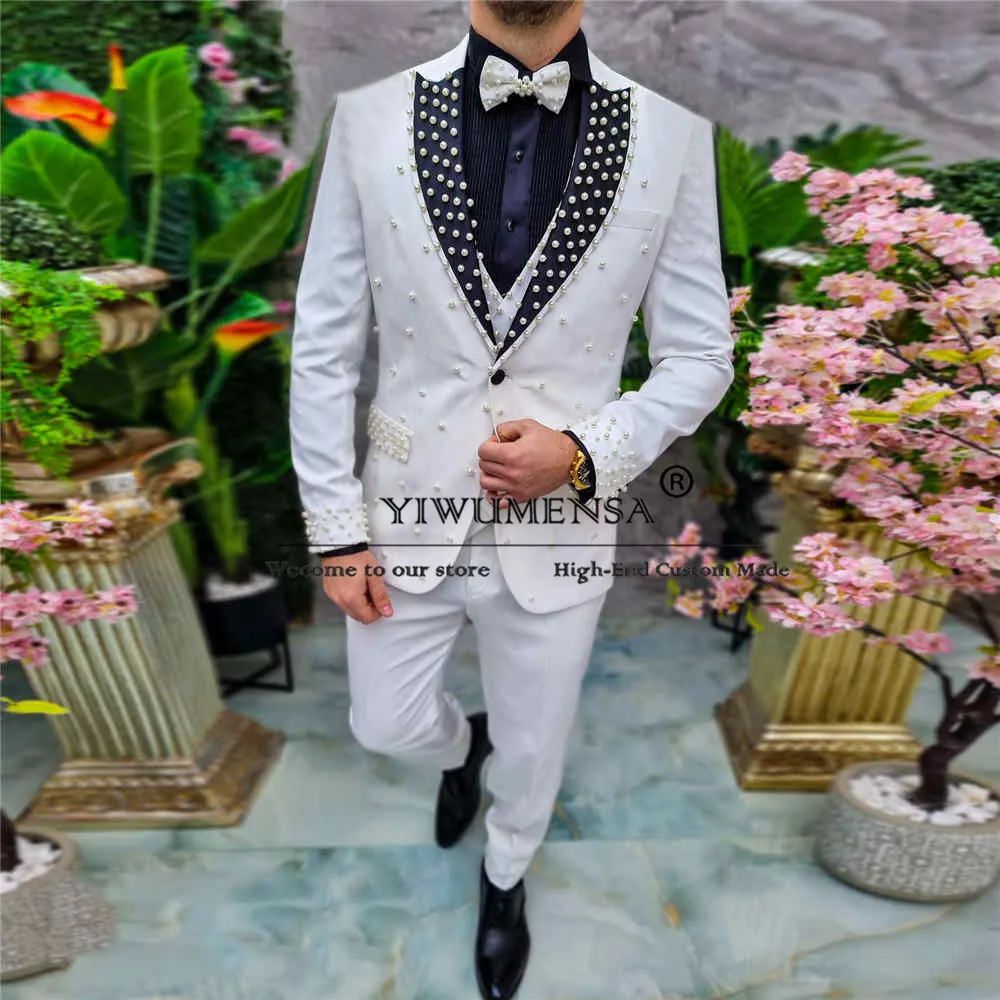 

Luxury Wedding Suits For Men White Pearls Black Lapel Jacket Vest Pants 3 Piece Formal Groom Tuxedos Bespoke Man Ceremony Dress