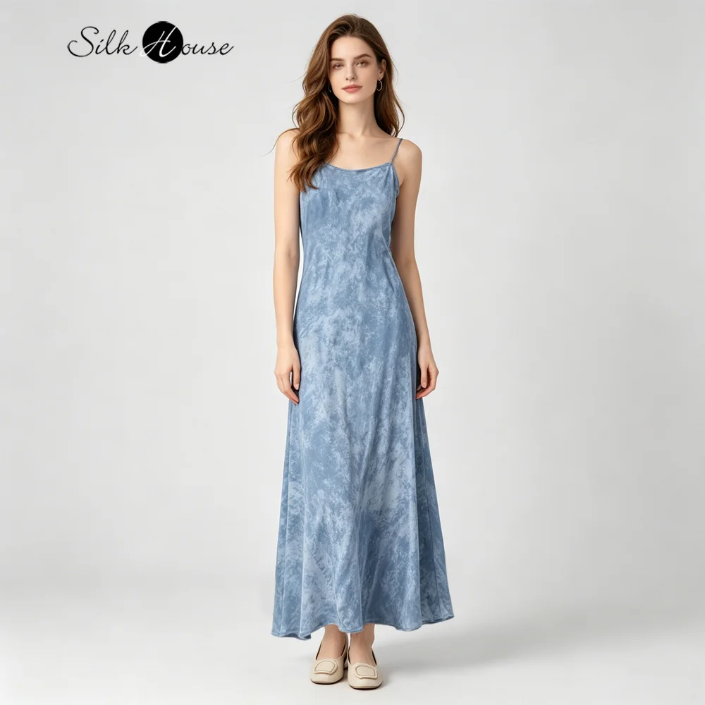 Women's Casual Summer New 100% Natural Mulberry Silk Crepe De Chine 45° Oblique Cut Vacation Style Elongated Suspender Dress