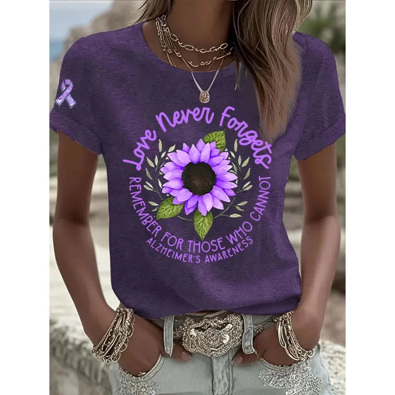 Hot Sale Women's Alzheimer's Awareness Print T-Shirts Summer Casual Short Sleeve Tops Tees