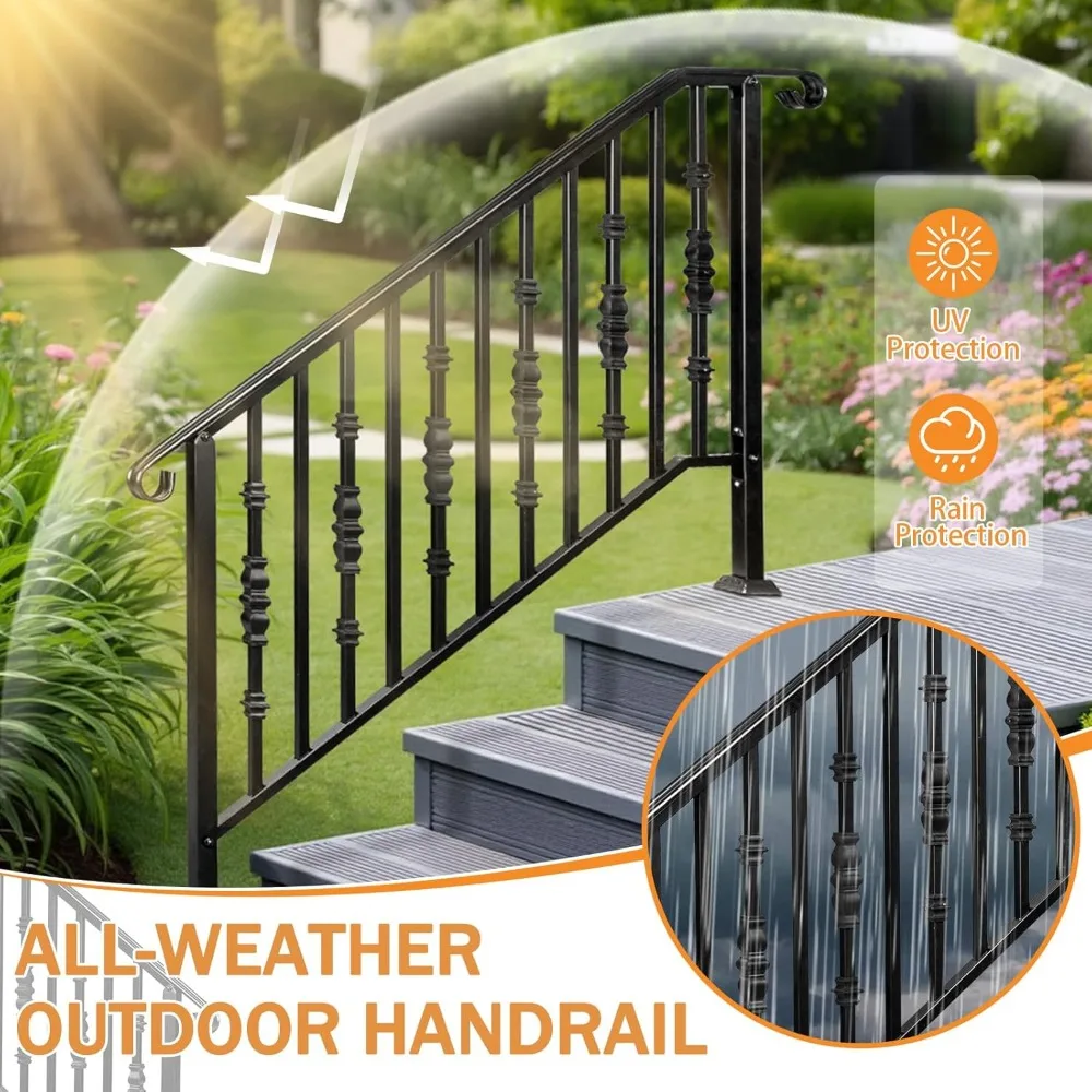 2 Pack 5 Step Handrails for Outdoor Steps, Wrought Iron Stair Railing, Metal Hand Railing with Installation Kit, Staircase Handr