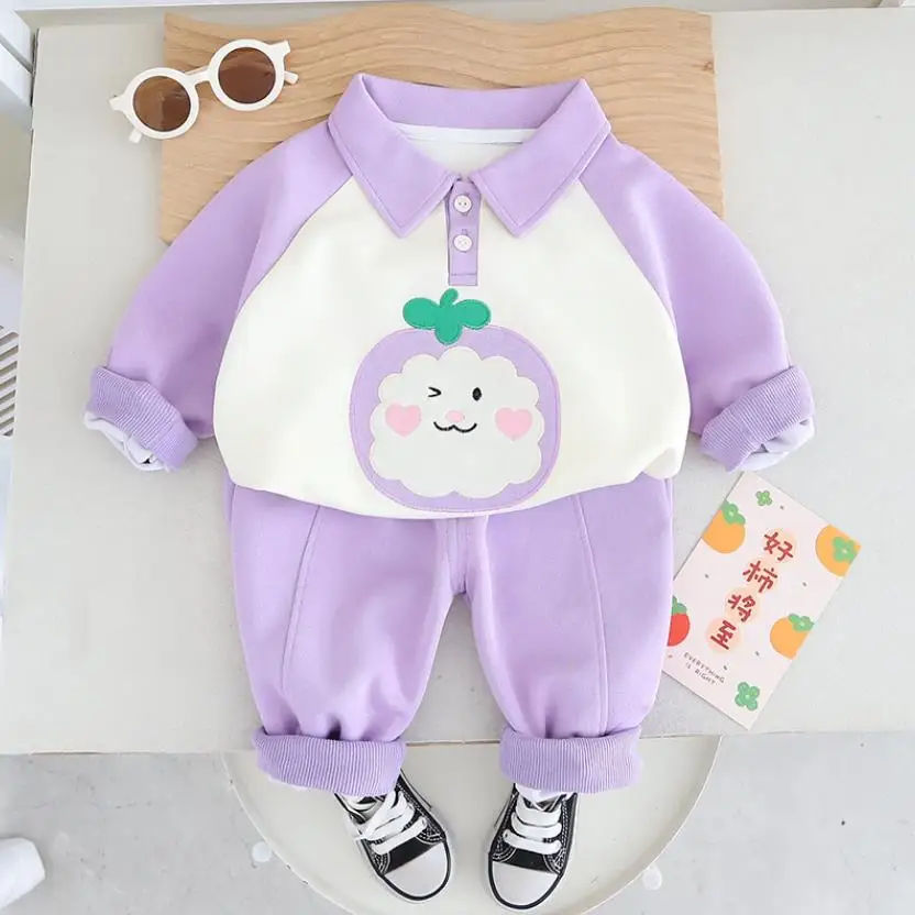 Boutique Girls Outfits Spring Autumn Cute Cartoon Embroidery Turn-down Collar Sweatshirts And Pants Children Suits Kids Clothes