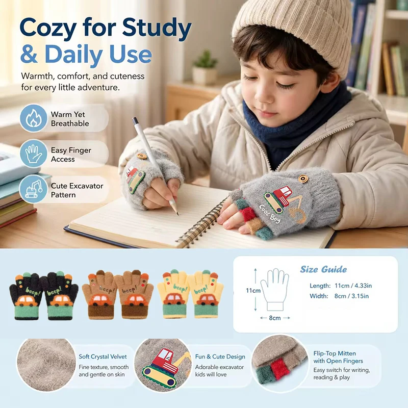 Kids Winter Gloves 3-7 Years Old Thick Warm Knitted Cartoon Car Design Five Finger Cold Proof for Boys Girls Kindergarten