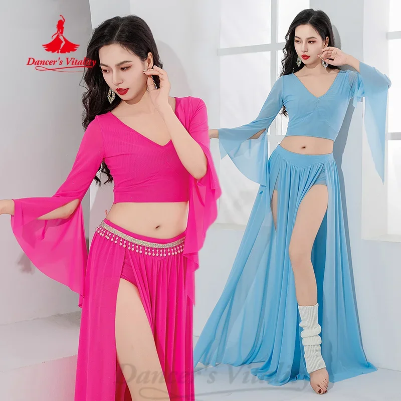

Belly Dancer Practice Clothes Women's V-neck Long Sleeved Top+Sexy Mesh Long Skirt 2pcs Belly Dance Professional Training Suit