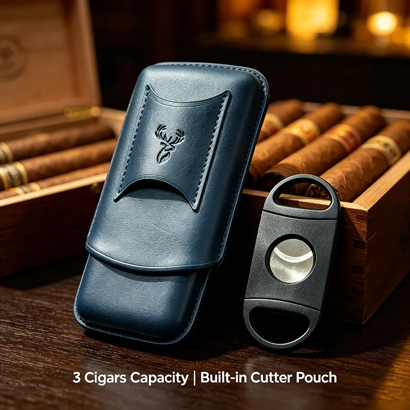 PU Leather Cigar Case 3 Cigars Travel Holder 6” 54 Ring Portable Cigar Pouch with Cutter Custom Logo Men's Gift Cigar Accessory