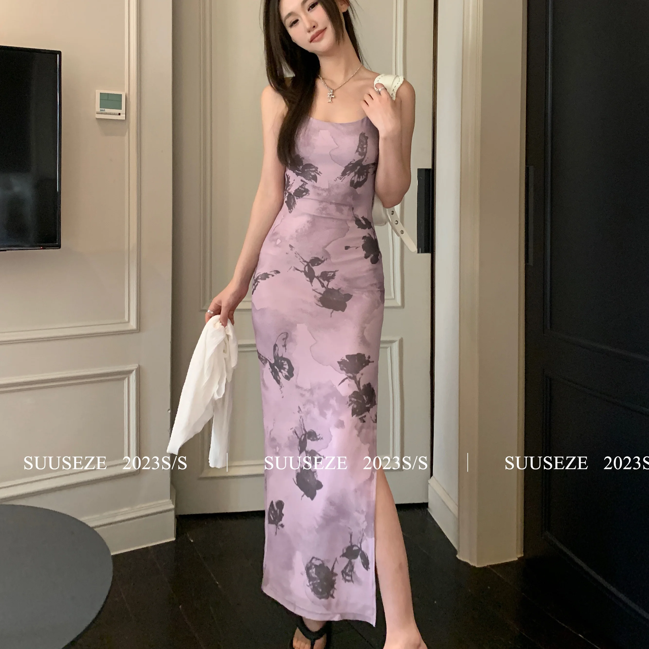 Purple Floral Suspender Skirt for Women in Summer Slim and Slim and Sexy Hip-covered Dress