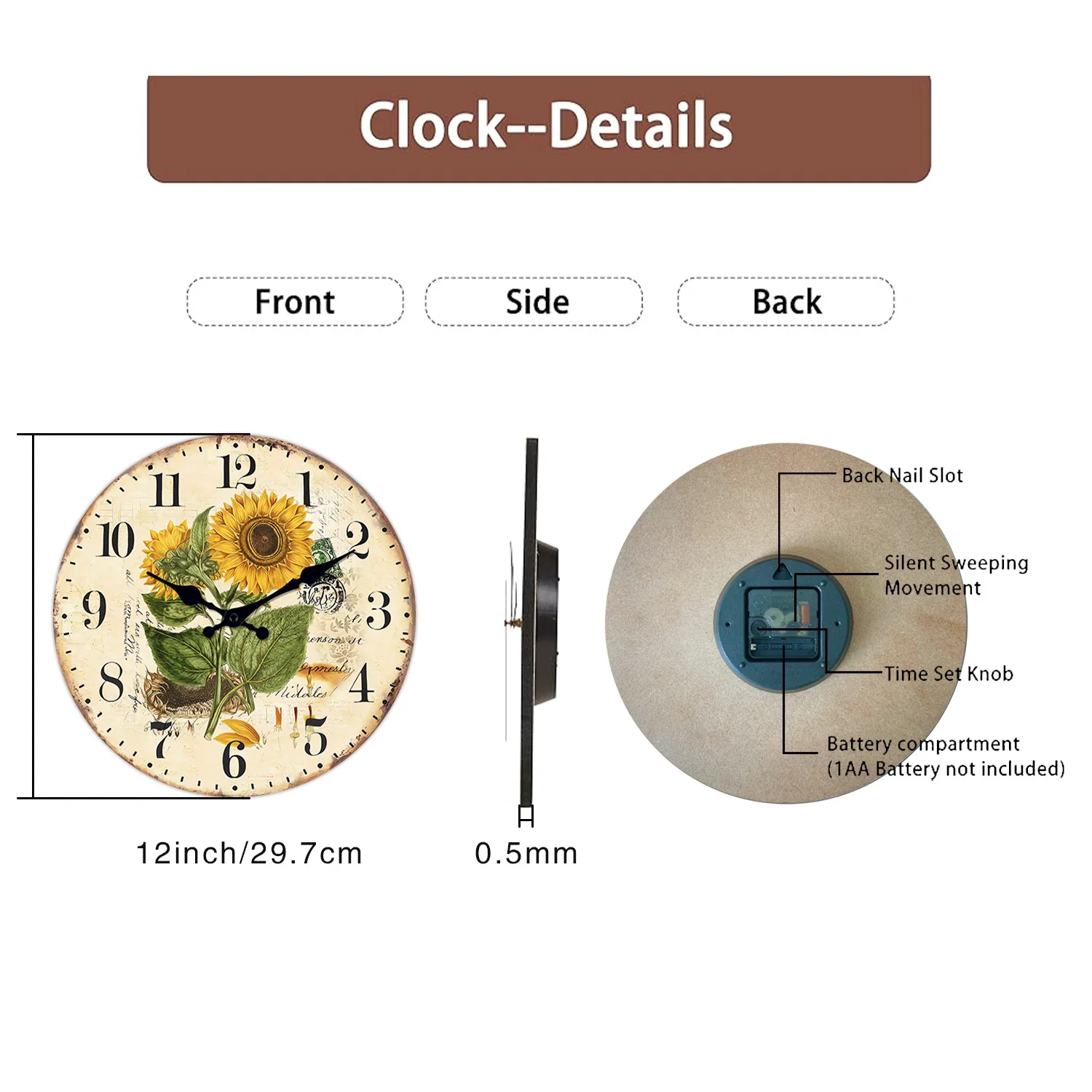 1pc Retro Wood Wall Clock, Two Sunflower Flower Design Wall Clock, Non-Ticking Silent Wall Clock, Home Living Room Decoration view 6