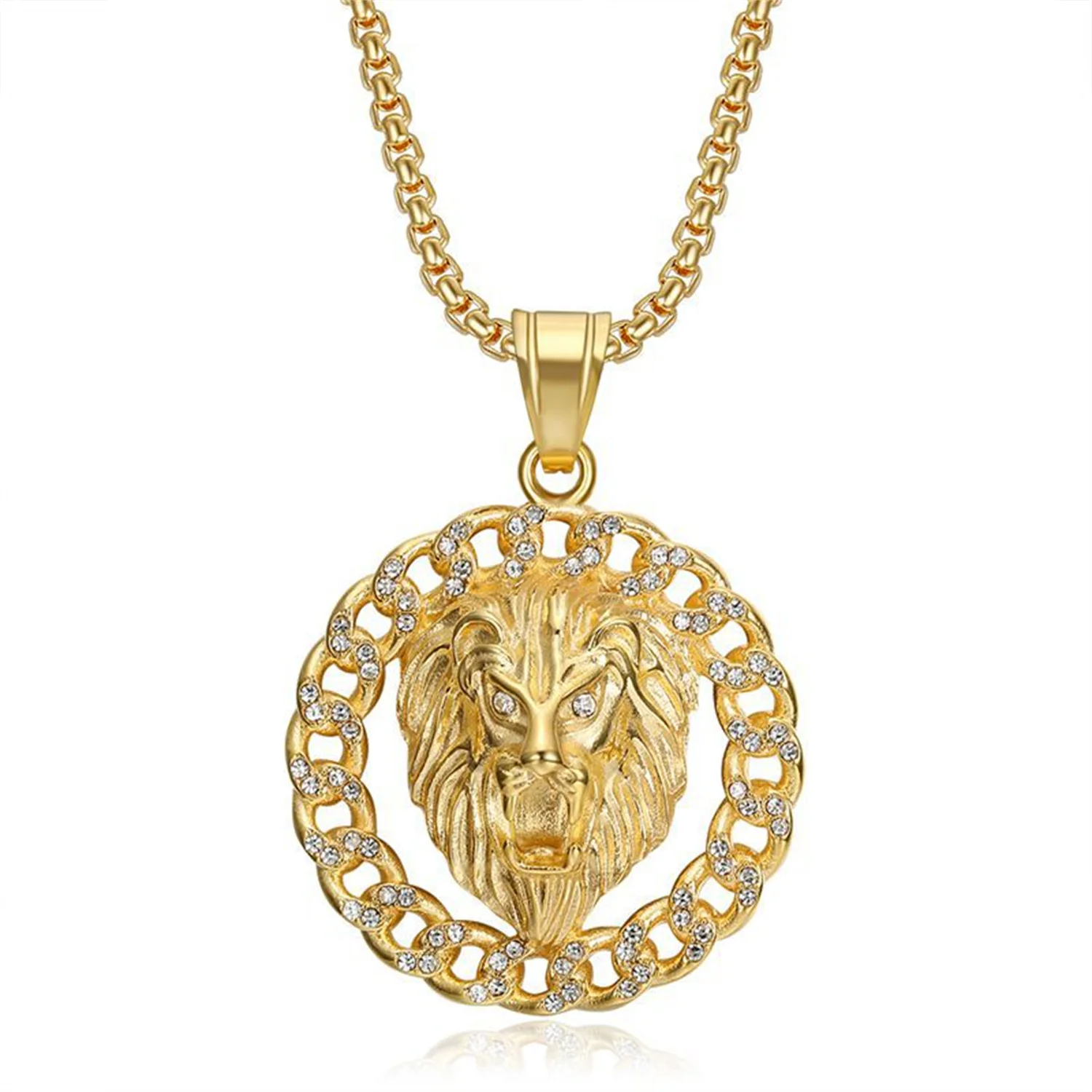 

Iced Out Cuban Chain Lion Head Pendant Dropshipping Gold Color Stainless Steel Round Animal Necklace for Men Hiphop Jewelry Gift