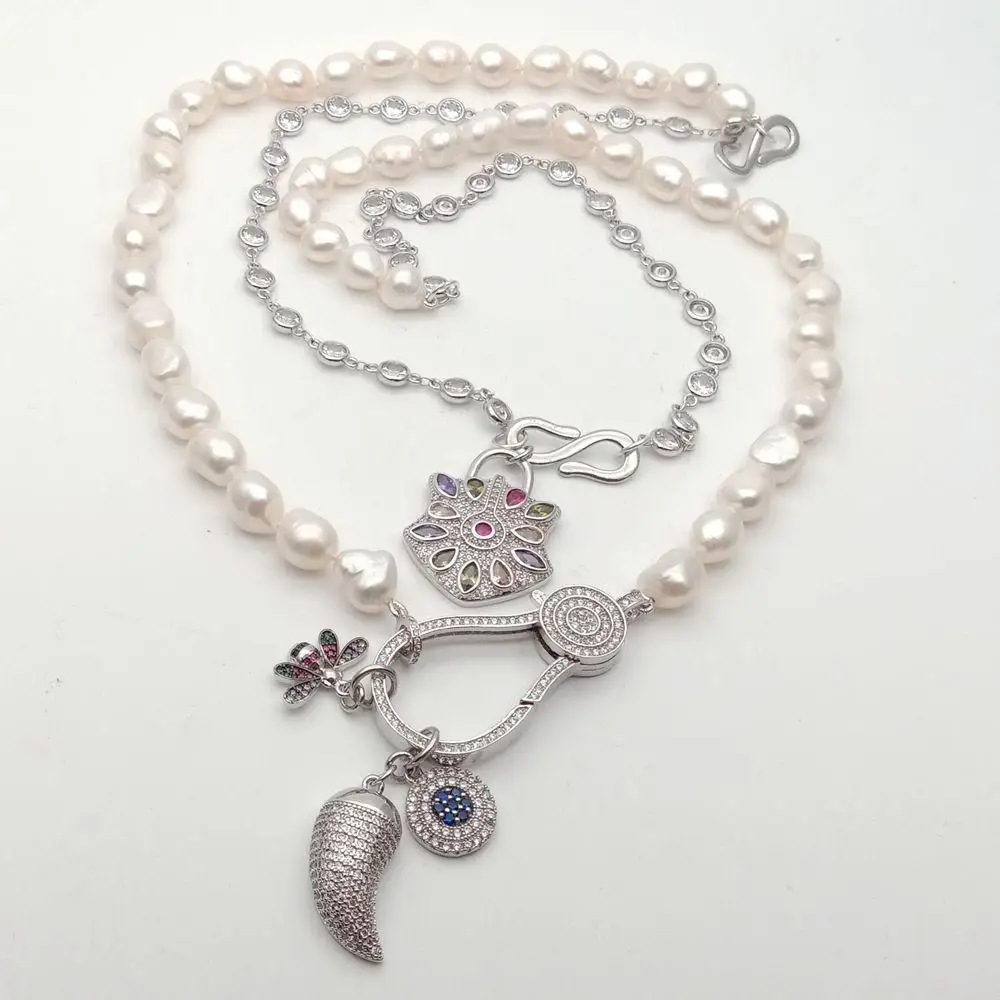 KKGEM 19''2Strands Link chain Cultured White Baroque Pearl Cz pave Drop bee lock Charm pendant statement Necklace view 3