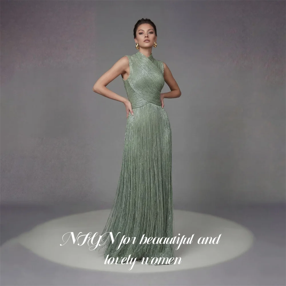 NFYN Sage Green Evening Dresses Tank Sleeveless Party Dress with Tassel vestidos de fiesta Straight Prom Gowns Simple Customized