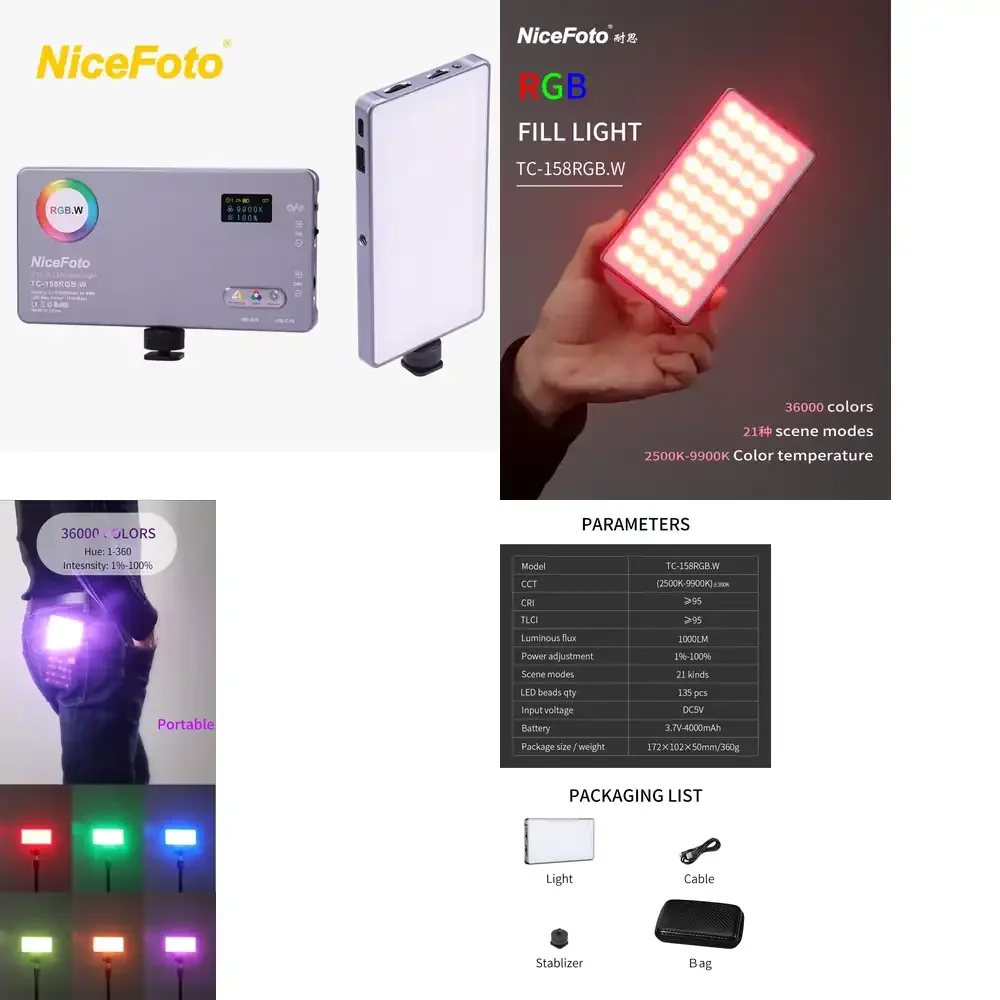 

Светодиодная панель NiceFoto 158RGBW (RGBW) для видеосъемки и прямых трансляций, двухцветная, компактная, для освещения видеоконференций