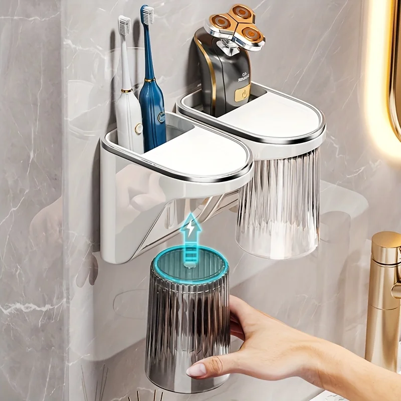 1pcs Plastic  Cup Holder Punch-free Partition Store Electric Toothbrush Toothpaste Save  Space Premium Bathroom Storage Rack