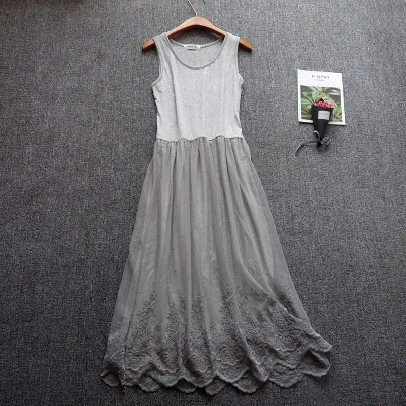 Verão floral bordado vestido roupas femininas sem mangas macio modal camada de renda preto branco mori menina tanque novo em vestidos u535
