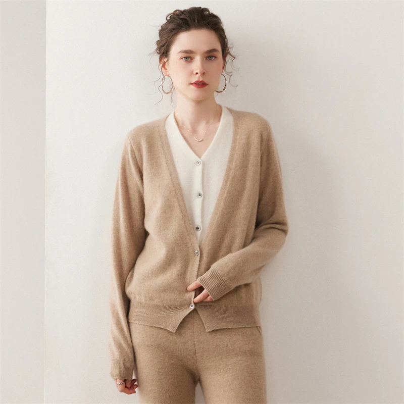 Women's 100% Cashmere Sweater V-neck Cardigan Fake Two Piece Cashmere Knitwear Spring Autumn Winter Luxury Warm Clothing Tops