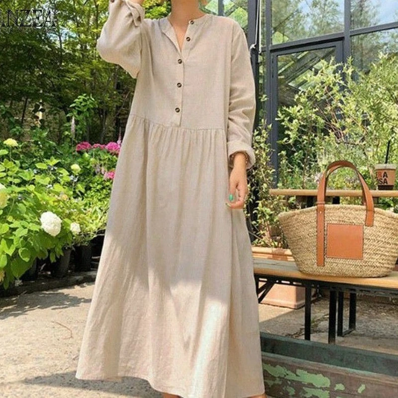 Islam Abaya Dress Simple cotton and linen long women\'s Dress shirt dress fo European and American