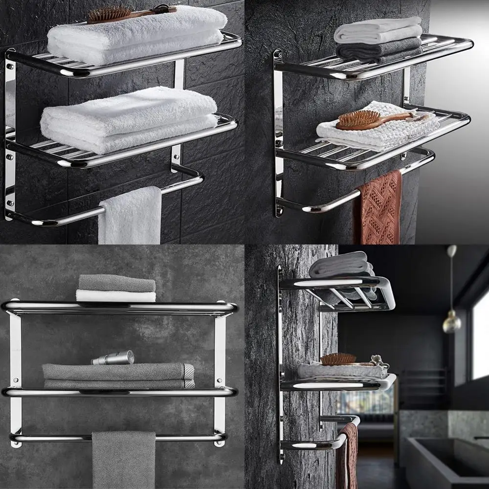 

Wall Mounted 20-Inch Wide 8.25-Inch Deep 2-Tier Floating Towel Rack with Towel Bar for Bathroom Hotel Style Storage