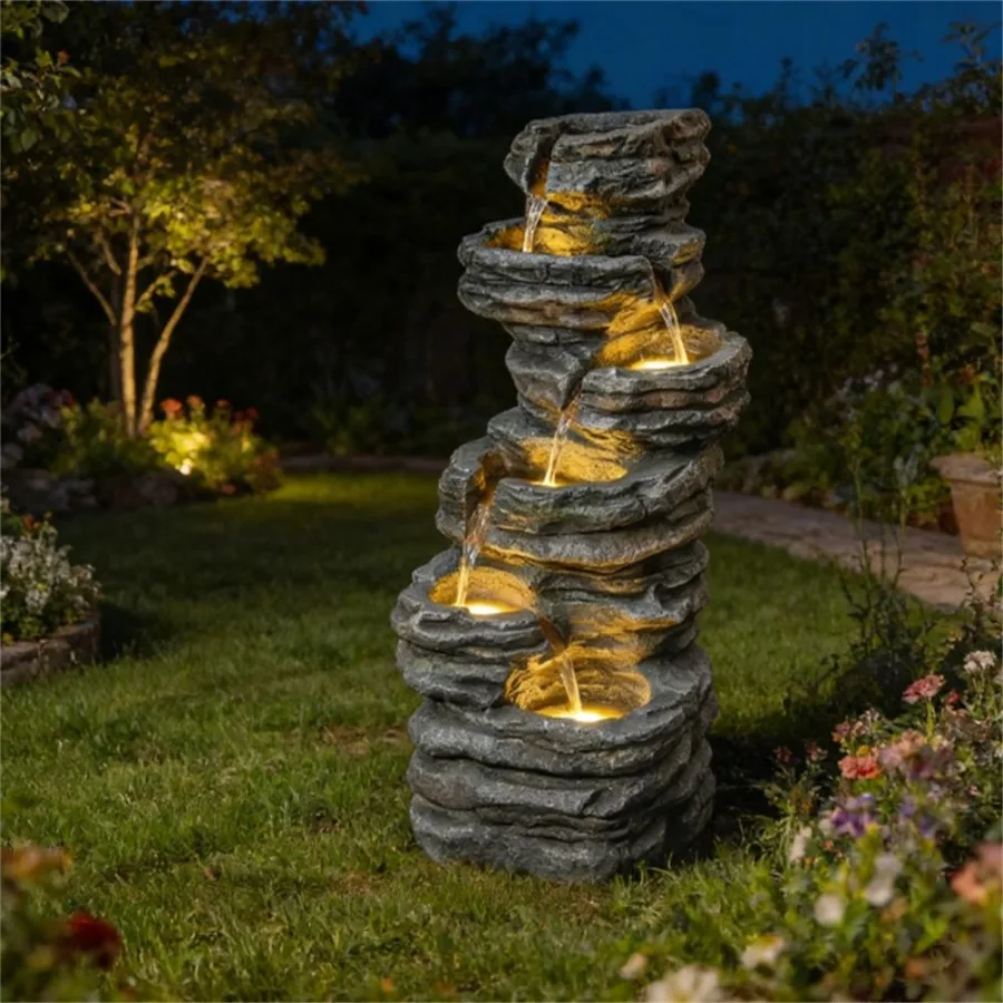 

Фонтан-водопад для сада, имитация серого камня, из смолы, с естественной эстетикой и непрерывным потоком воды