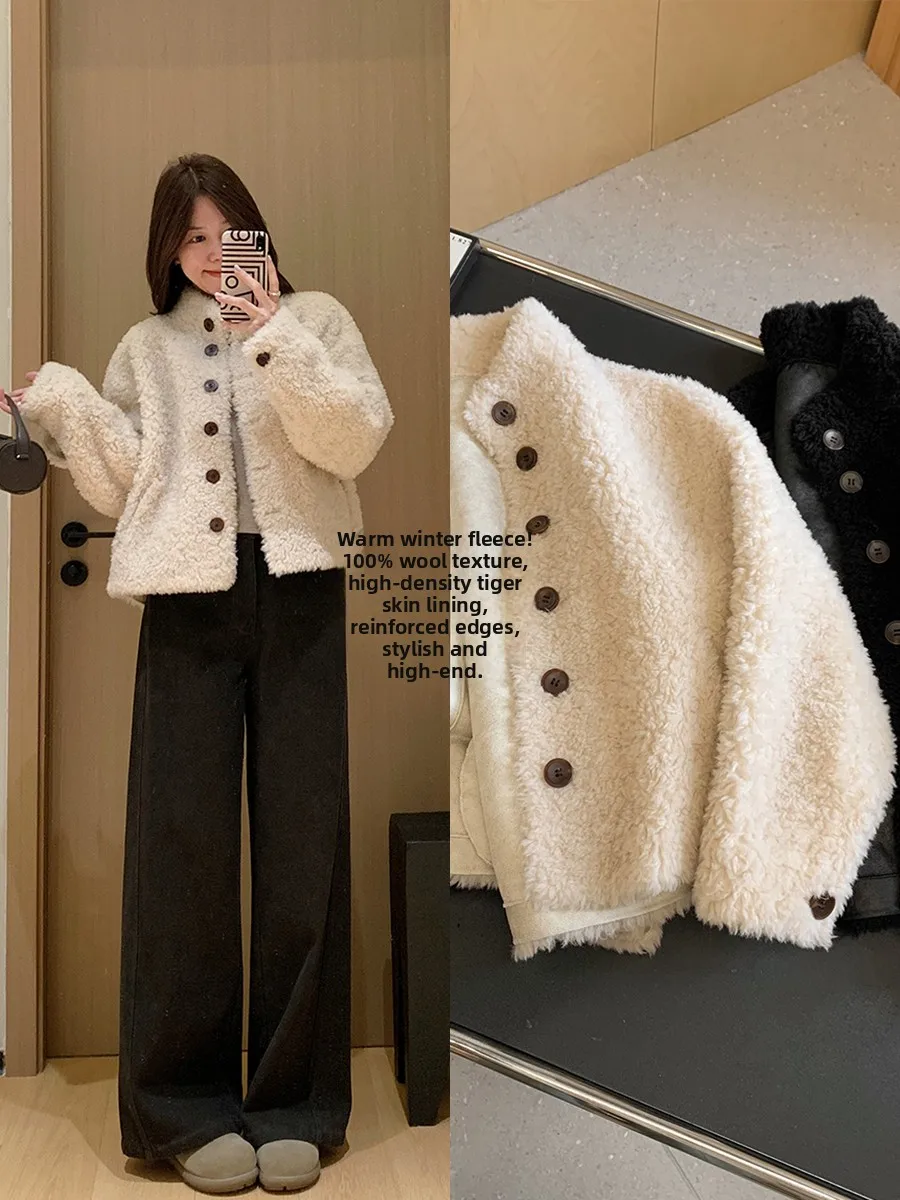 

Warm Lamb Fur ort Jaet Women's Plu Stand Collar Coat Thiened Casual Sle Straight Tube Long Sve Winter Outerwear