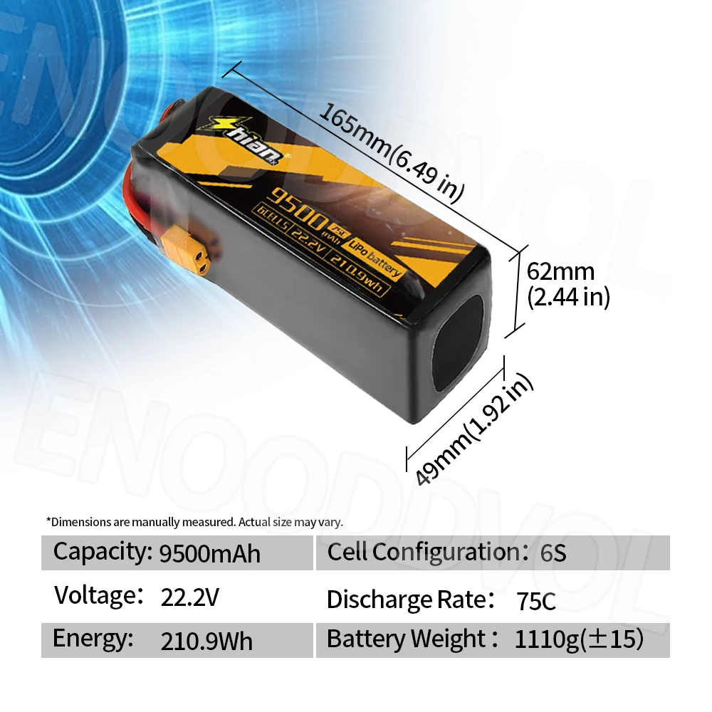 22.2V 9500mAh 210Wh Lipo Drone Battery Lightweight Long Life Battery 6S 75C with T Plug & XT60 for RC Cars, Boats, Airplanes CE