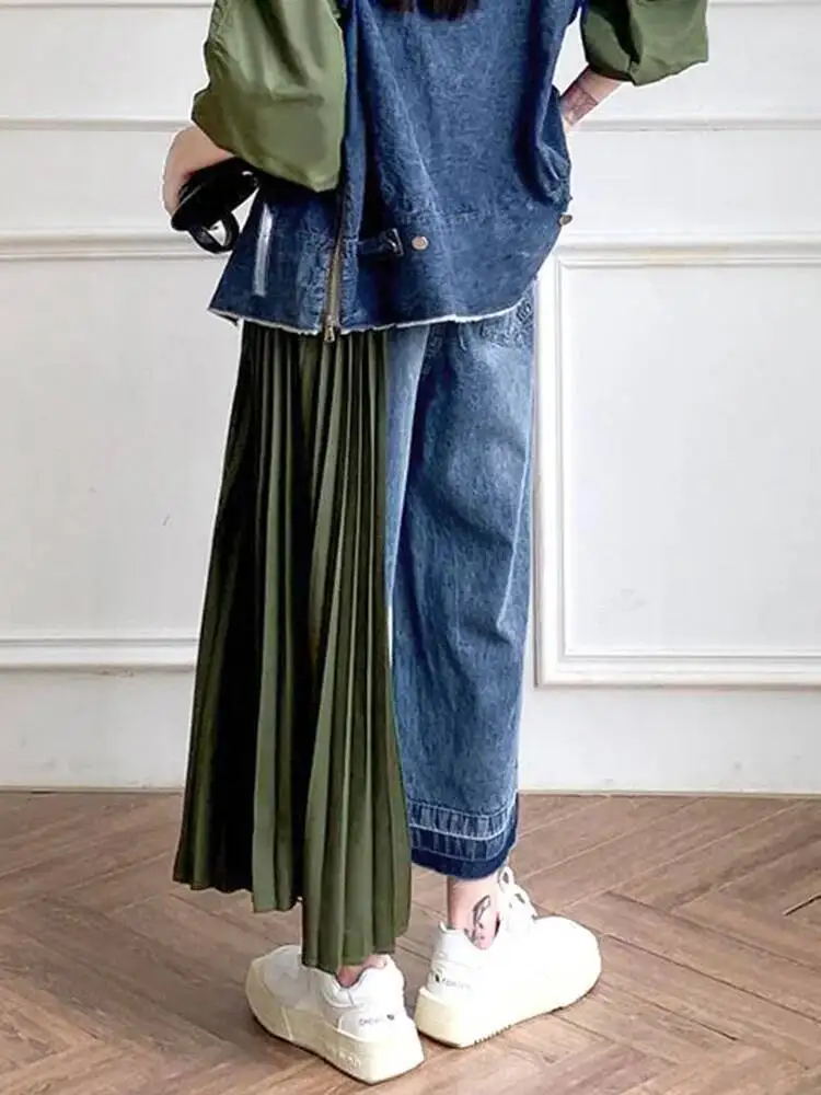 Army High Green Waist Denim Pleated Long Wide Leg Jeans New Loose Women Trousers Fashion Spring Autumn 2026 1DFHKWJ