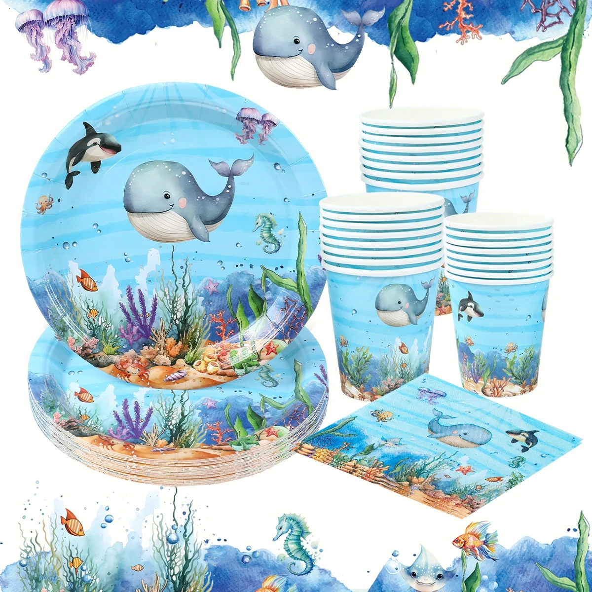 Décorations de fête sur le thème des animaux marins, nappe, gobelets, assiettes, décorations de fête d'anniversaire, cadeau pour enfants, fête sous la mer, fournitures pour baby shower