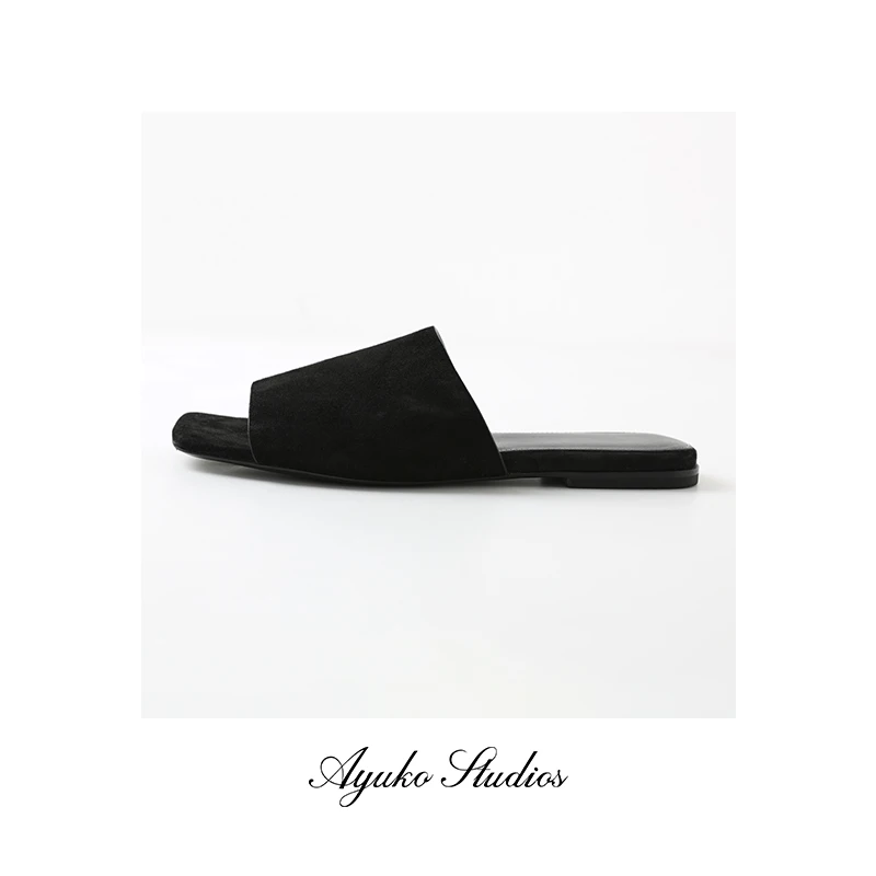 

Ayuko Soft Leather Slip-On Flat Bottom Slippers with Velvet Surface One-Strap Wide Band Sheepskin Open-Toe Platform Flats