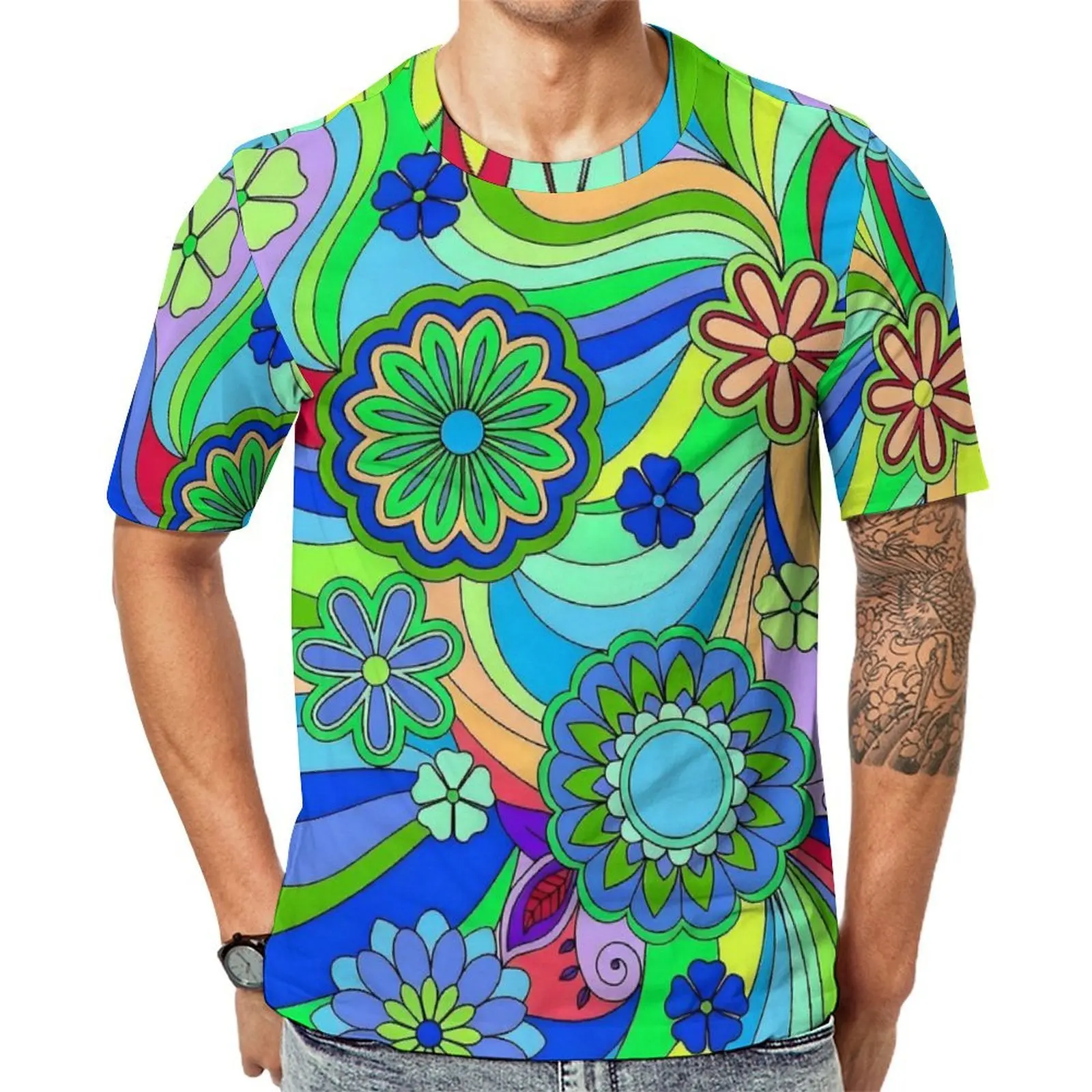 Hippy Trippy Flower Power Pattern T-Shirt For Man Design O Neck T-Shirts Beach Hippie Tops Short Sleeves Plus Size Tee Shirt