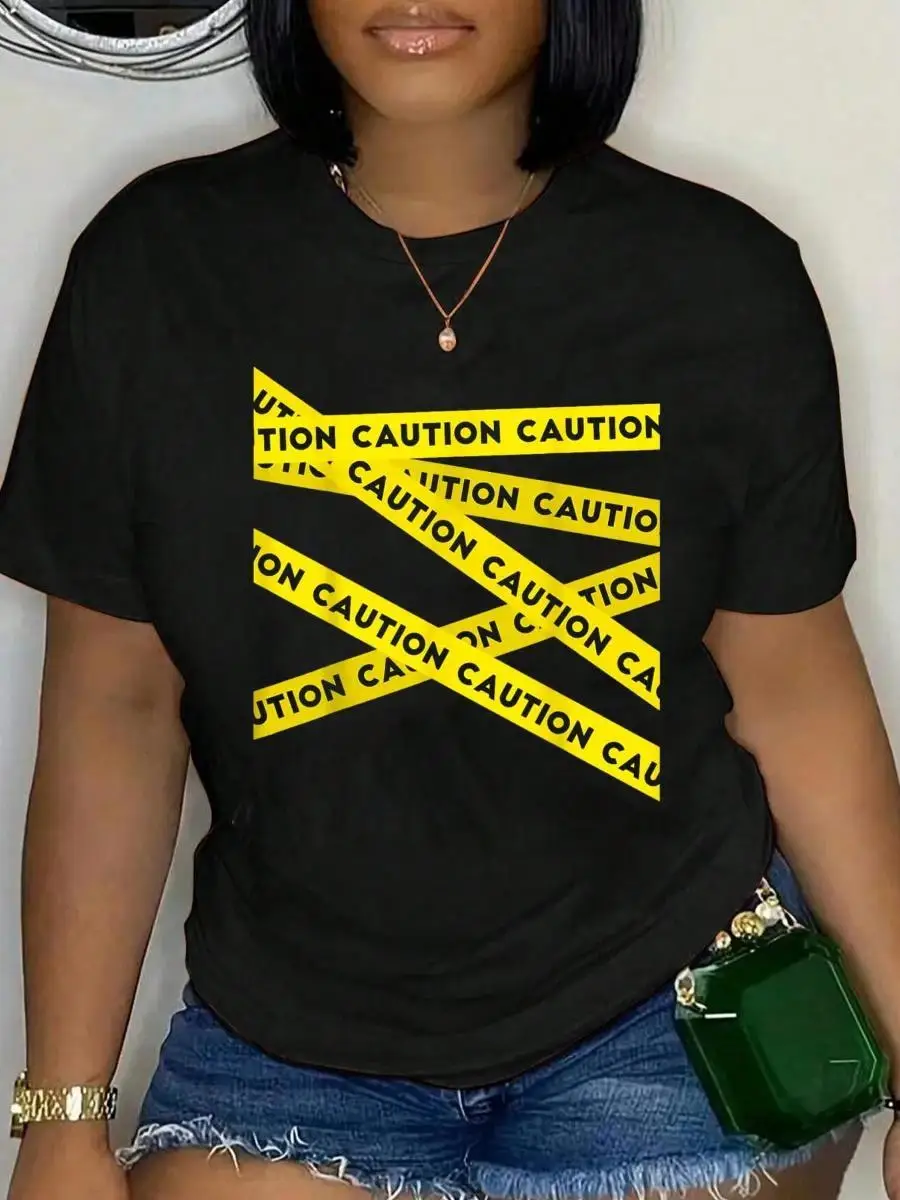 100_ Cotton CAUTION!! Graphic Caution Tape Warning T-Shirt Unisex Classic Comfort Tee Tops Oversized Crew Neck T Shirts