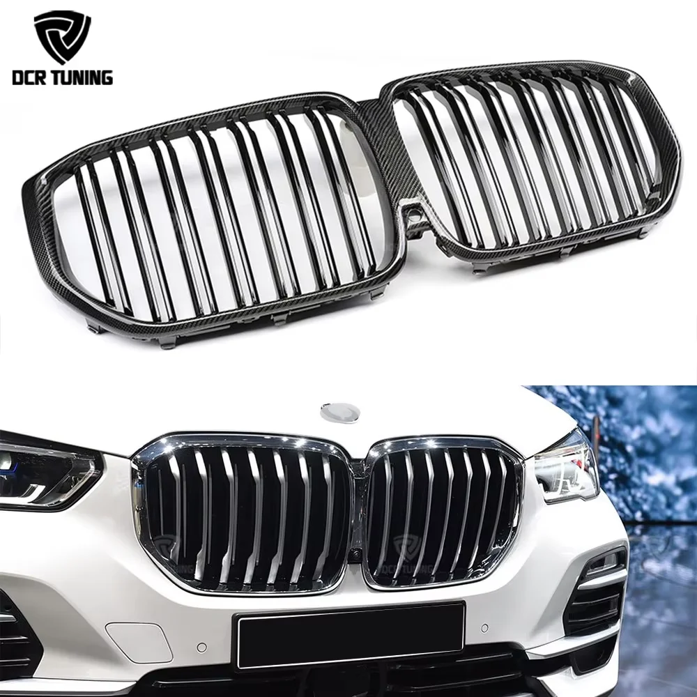 

Для BMW Pre-lci X5 G05 2018-23 Передние решетки из углеродного волокна с двумя планками, глянцевый черный пластик, три цвета M, красный, синий