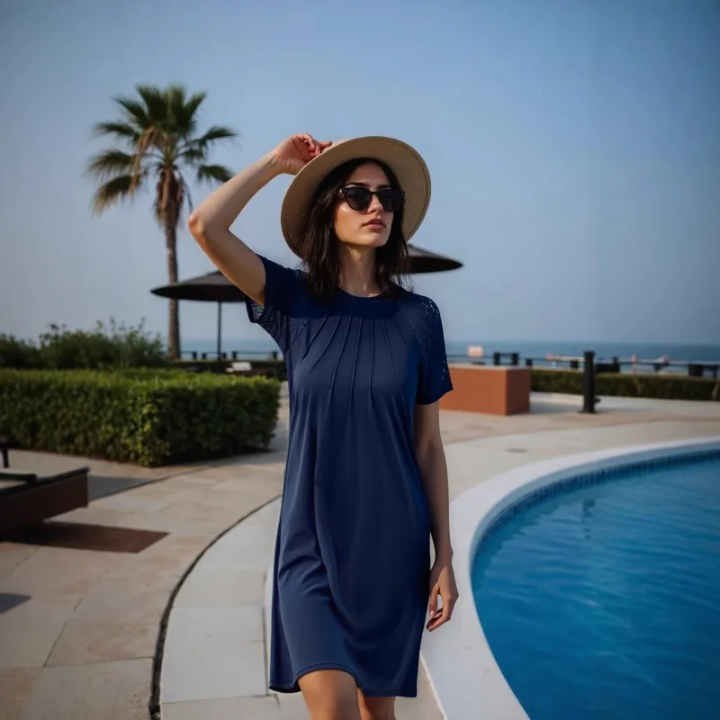 

2025 Spring/Summer Solid Color Hollow Lace Short Sleeve Round Neck Wrinkled Simple Dress for Women